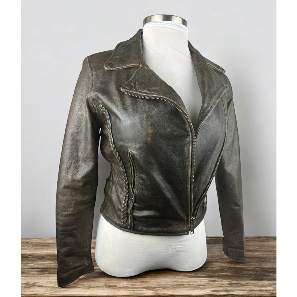 Unik Distressed Brown Leather Braided Moto Motorcycle Jacket Cross Zip Size XS - Picture 1 of 16